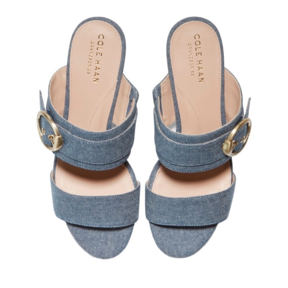 NWT Cole Haan Alina City Mule Sandal Denim Chambray Gold Buckle Block Heels, 8.5